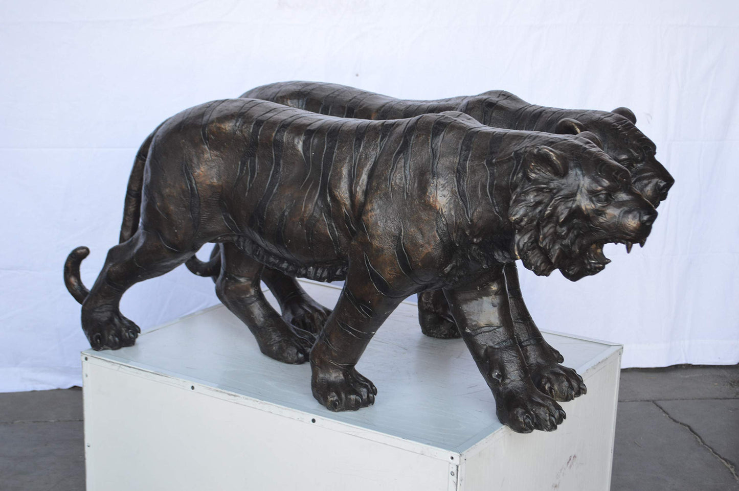Pair Of Tigers Bronze Statues -  Size: 52"L x 10"W x 21"H.