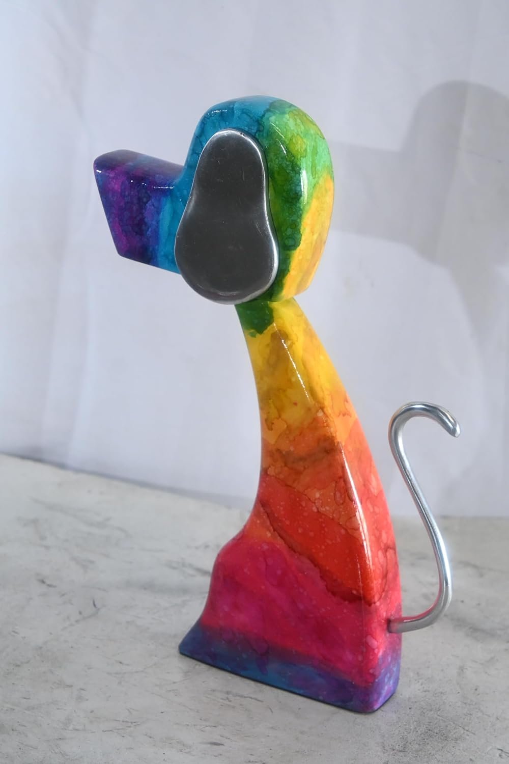 Abstract Rainbow Painted Wood Dog Figurine Aluminum Ears 8"x2"x15"H