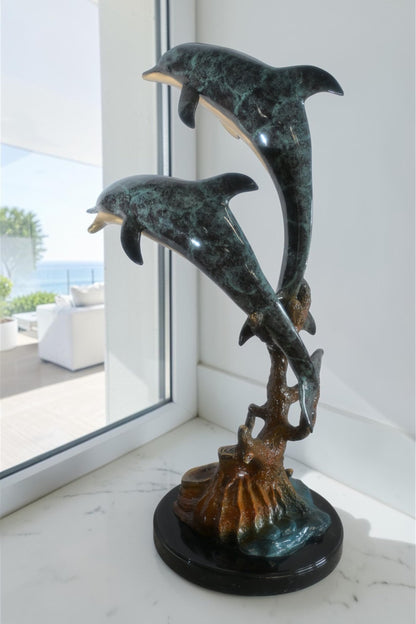 Large Bronze Dual Dolphin Coral Reef Sculpture Marble Base 18"x16"x39"H