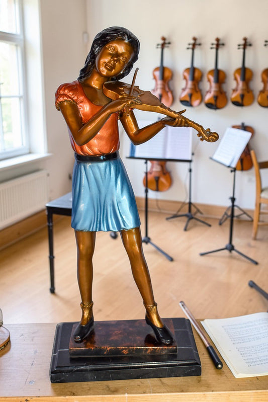 Young Girl Playing Violin Peacefully Bronze Statue  Size: 10" x 5" x 21"H