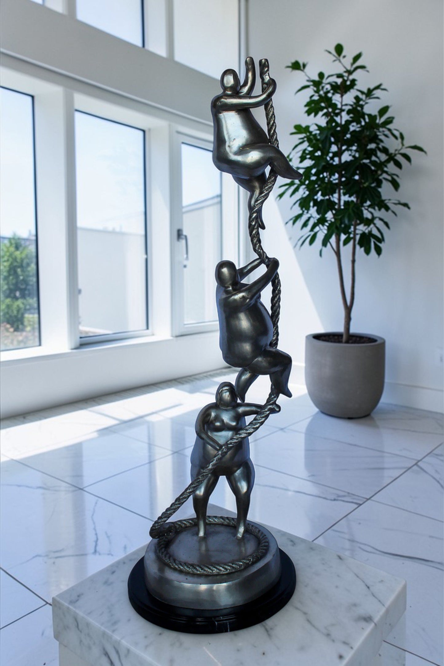 Three Voluptuous Women Climbing a Rope Statue, Silver Finish 12" x 12" x 32"H