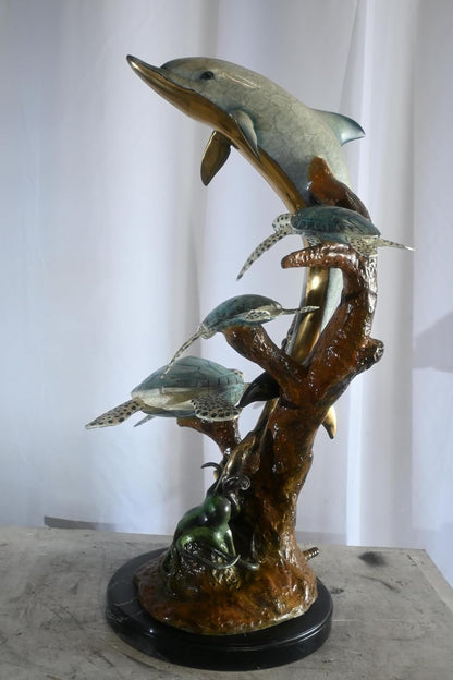 Bronze Dolphin Sea Turtles Fountain Lost Wax Ocean Scene 22"x18"x37"H
