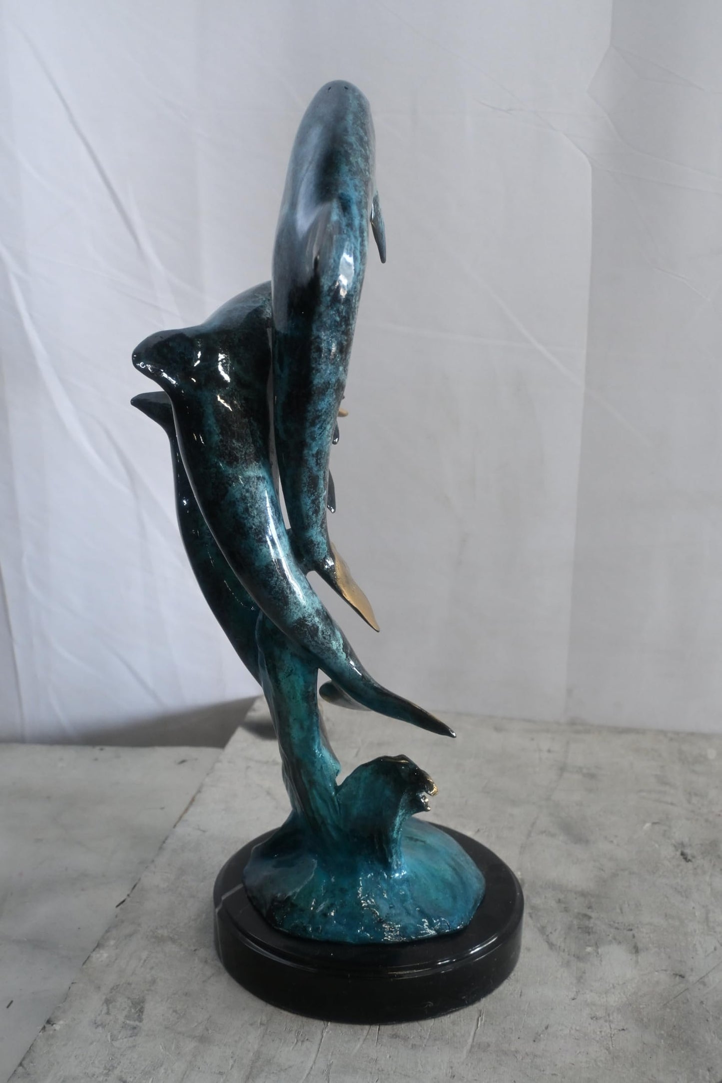 Bronze Dolphin Trio Sculpture Ocean Wave Statue 14"x11"x24"H