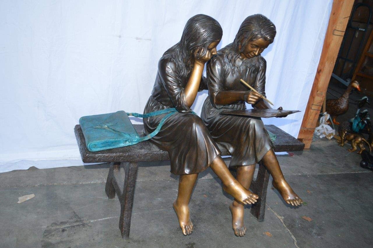 Two Schoolgirls Sitting On a Bench Bronze Statue -  Size: 45"L x 24"W x 41"H.