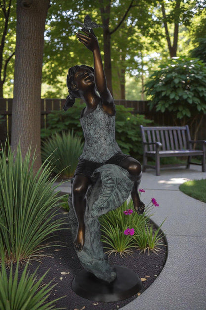 Girl on A Leaf Playing with Butterfly Bronze State -  Size: 27"L x 15"W x 45"H.