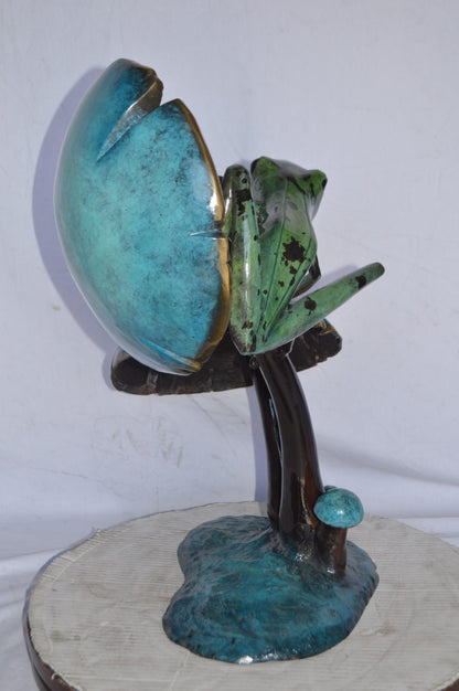 Nifao Bronze Two Frogs on Mushrooms Statue – Hand-Cast Lost Wax Sculpture with Polychrome Patina, Tabletop Nature Art - 24" L x 15" W x 27" H