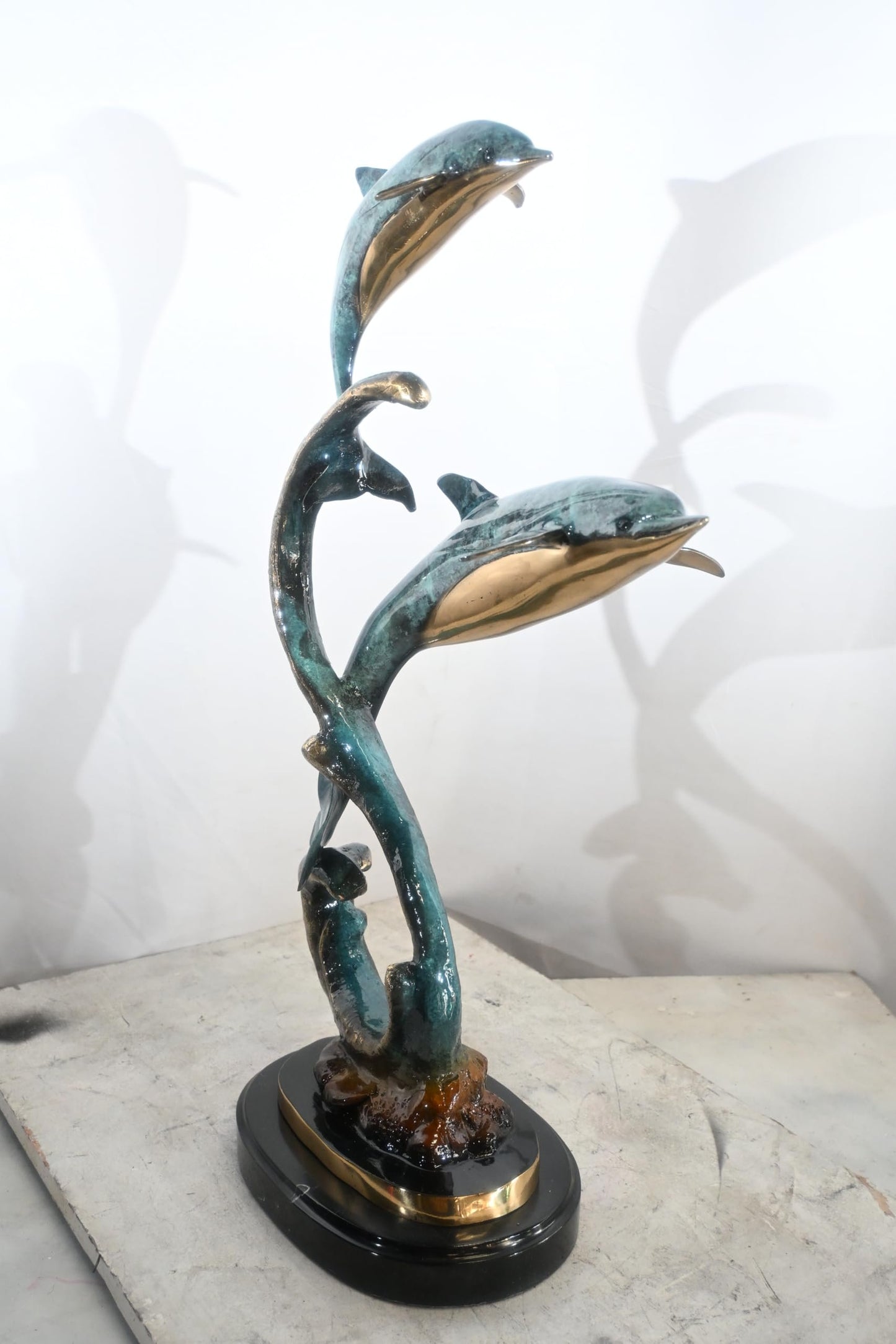 Two Dolphins Bronze Sculpture Spiral Formation 16"x11"x30"H