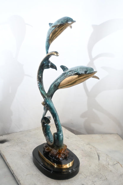 Two Dolphins Bronze Sculpture Spiral Formation 16"x11"x30"H