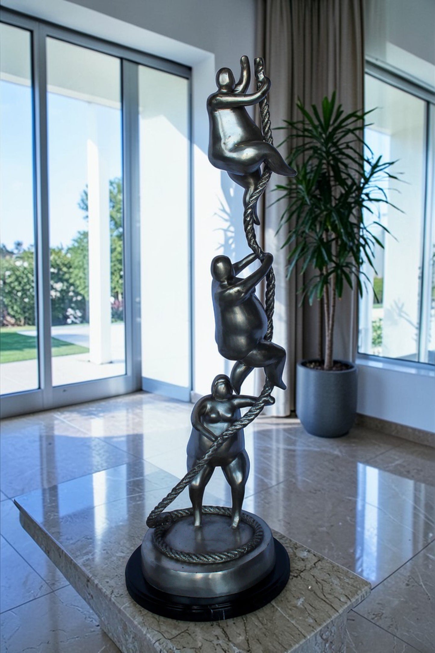 Three Voluptuous Women Climbing a Rope Statue, Silver Finish 12" x 12" x 32"H