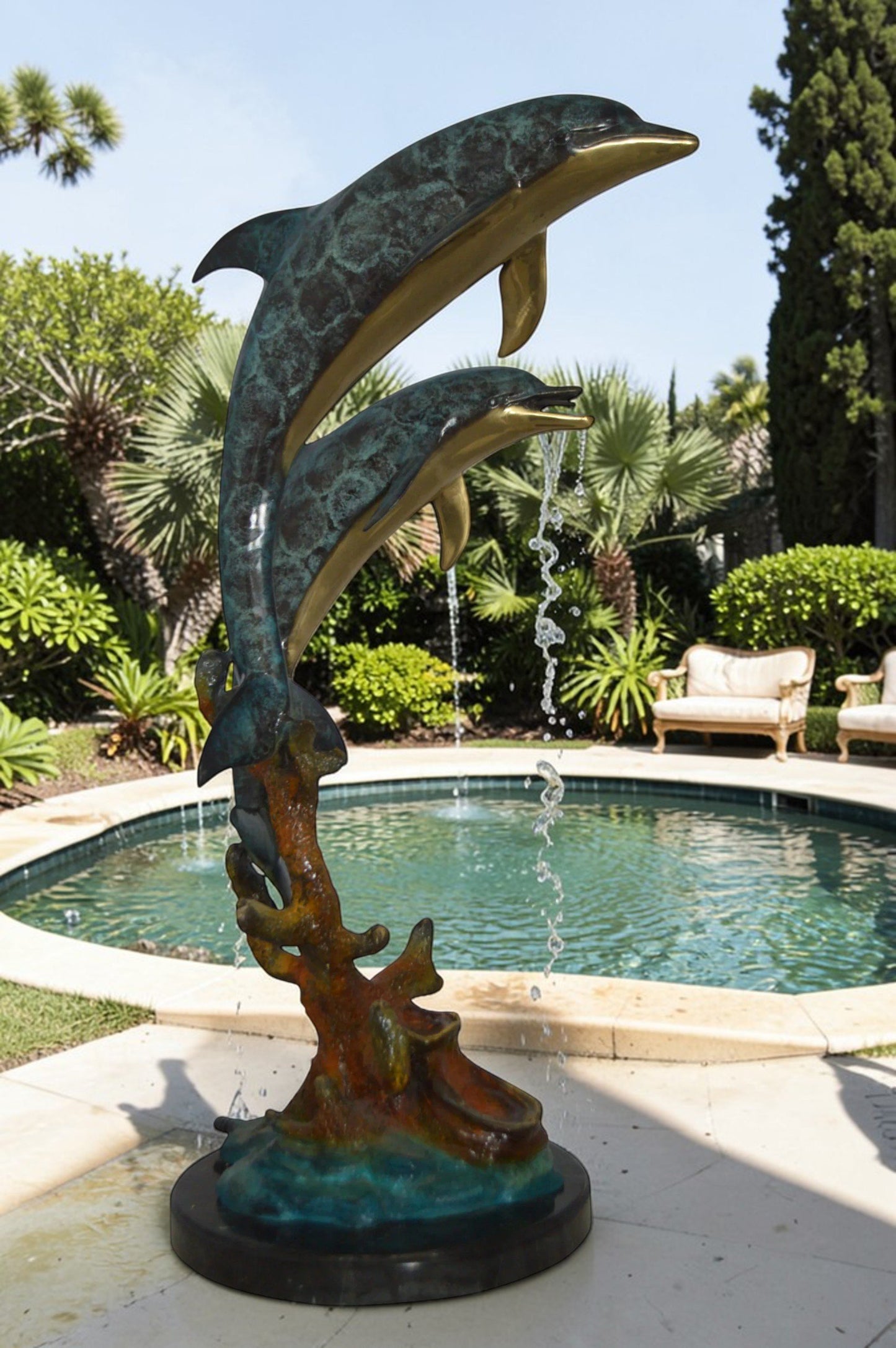 Two Dolphins fountain Bronze Statue on a marble -  Size: 19"L x 15"W x 36"H.