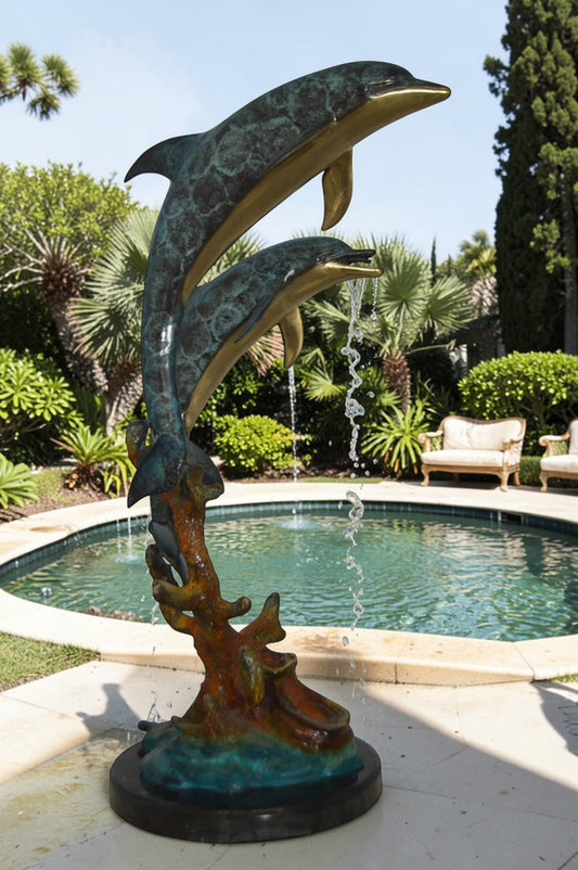 Two Dolphins fountain Bronze Statue on a marble -  Size: 19"L x 15"W x 36"H.