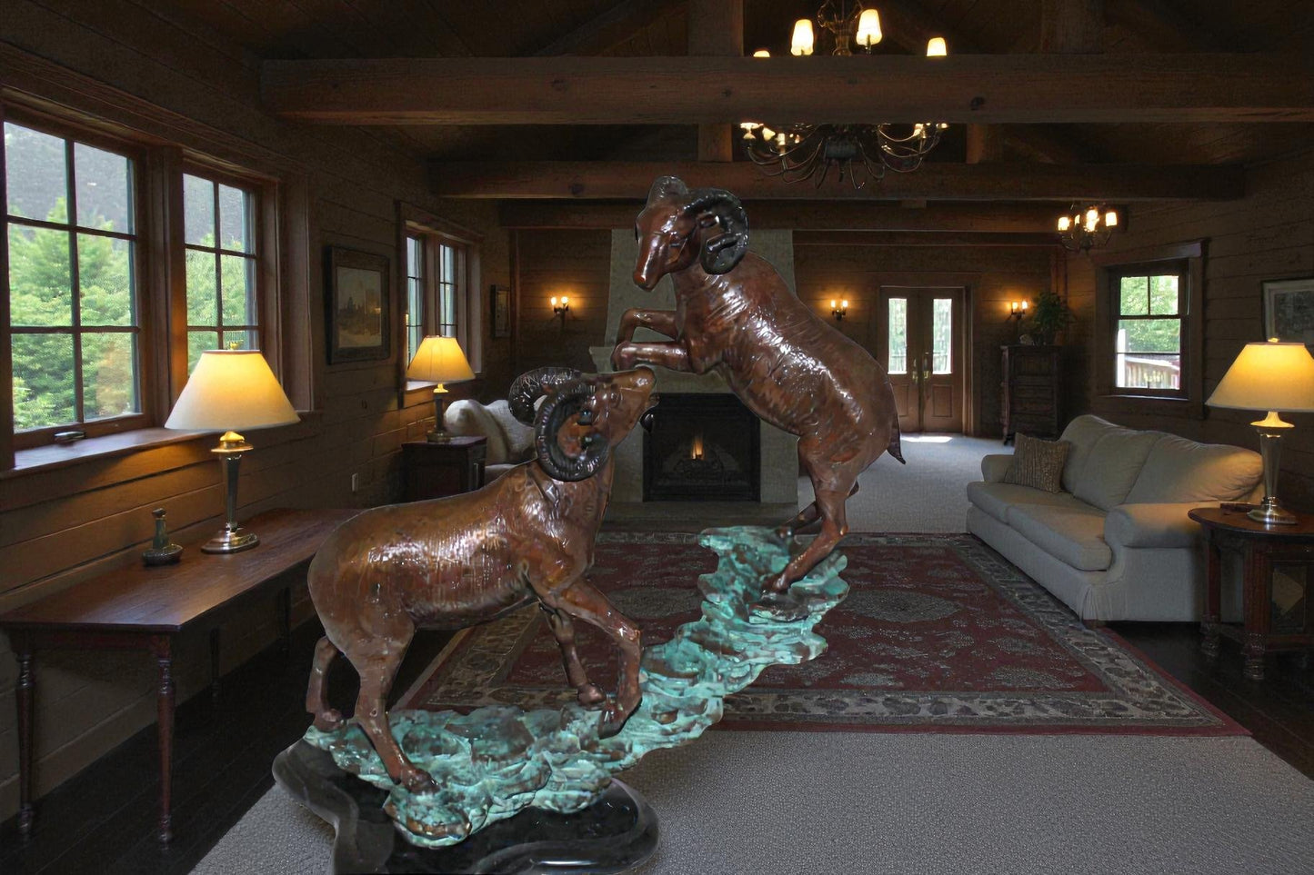 Two Rams on a rock Bronze Statue -  Size: 15"L x 8"W x 16"H.