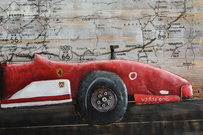NIFAO Formula One Inspired Red Racing Car 3D Metal Art on Wood 79" x 2" x 40"H
