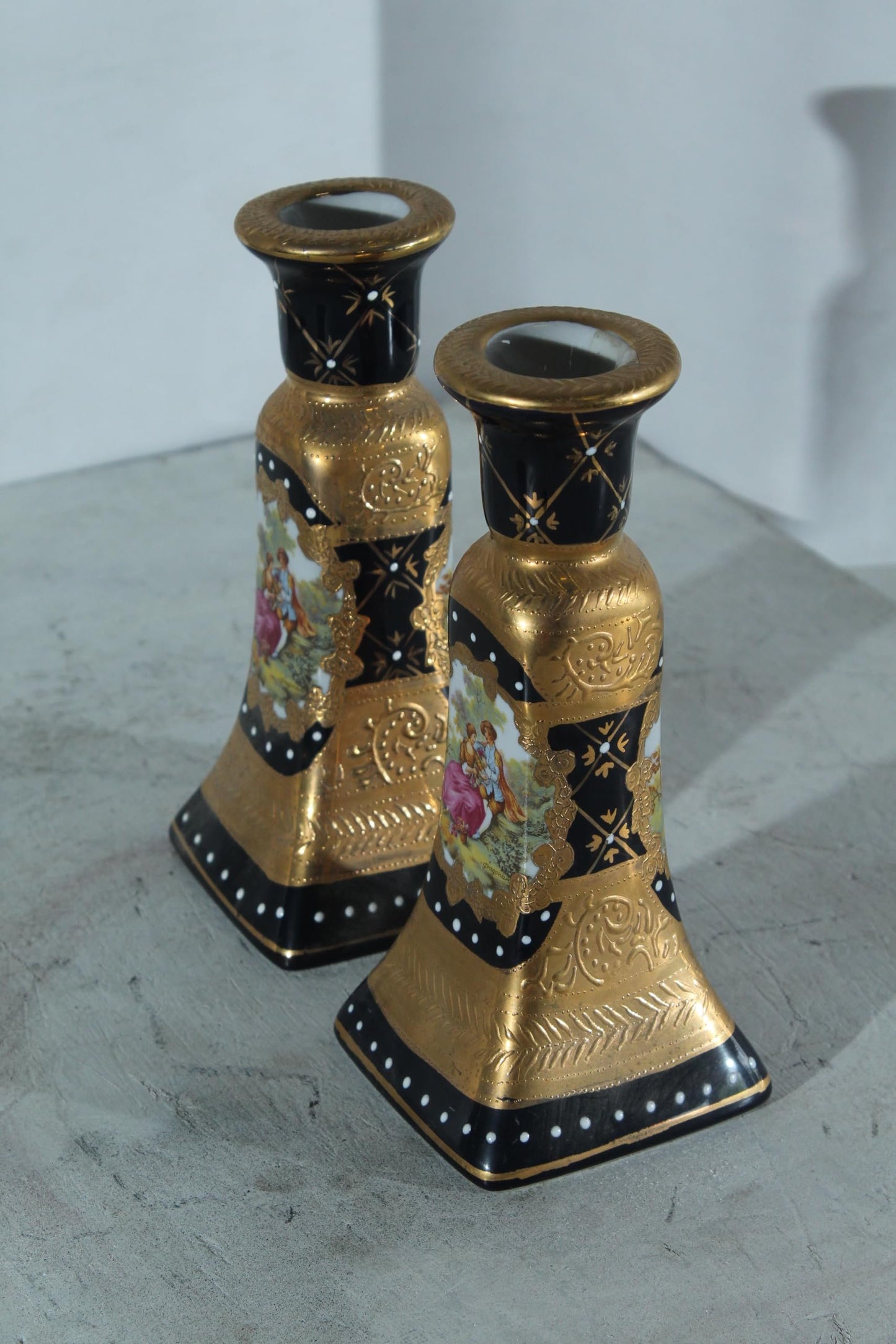 Porcelain Pair Candlestick Holders Black Gold Courting Scene 8"x4"x9"H