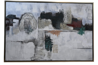 Foggy NYC Abstract Canvas Painting Gray Teal Framed Art 41"x61"