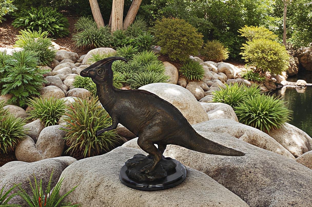 Parasaur Dinosaur Bronze Statue -  Size: 11"L x 23"W x 18"H.