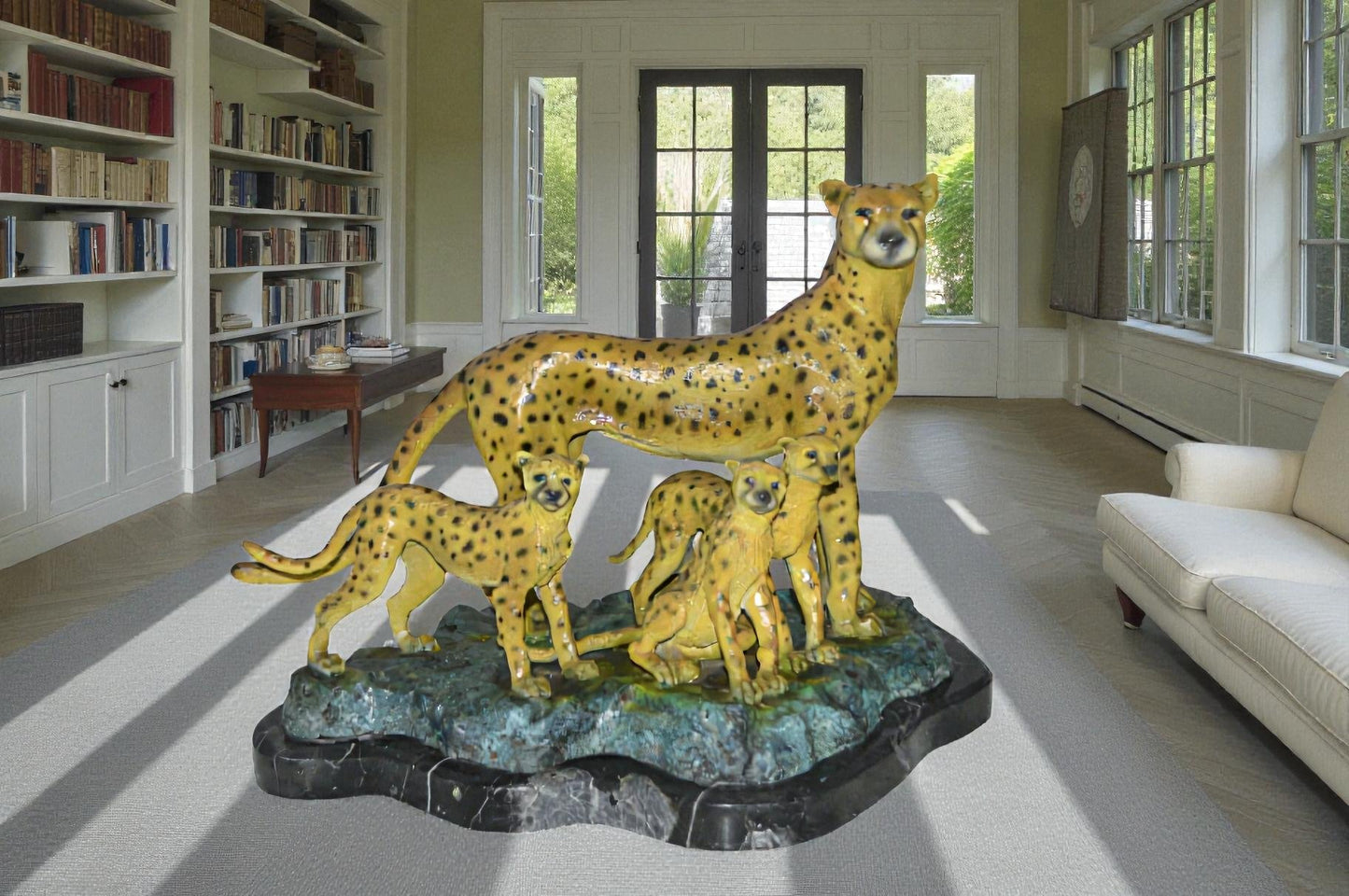 Cheetah Family Bronze Statue on Marble -  Size: 24"L x 14"W x 18"H.