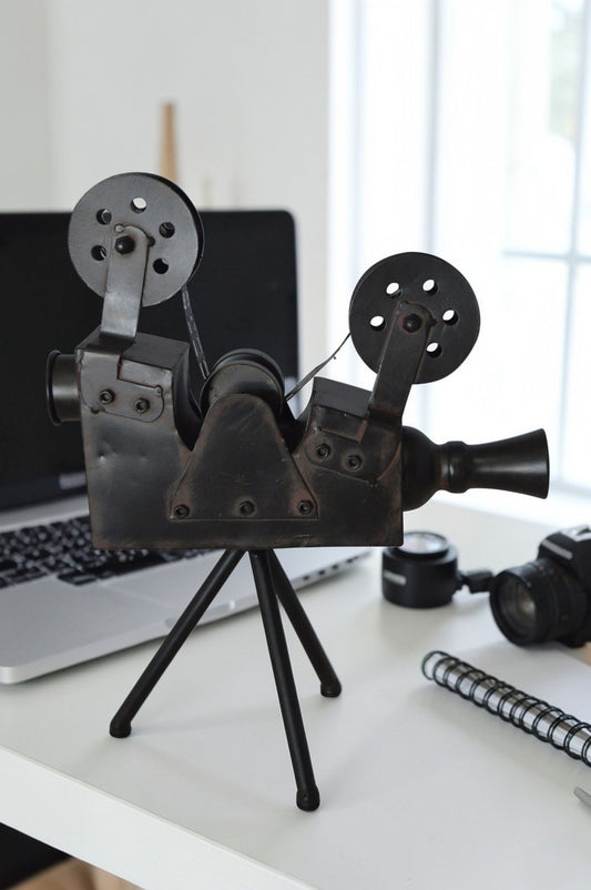 Movie Reel Abstract Metal Statue on tripod -  Size: 12"L x 6"W x 15"H.