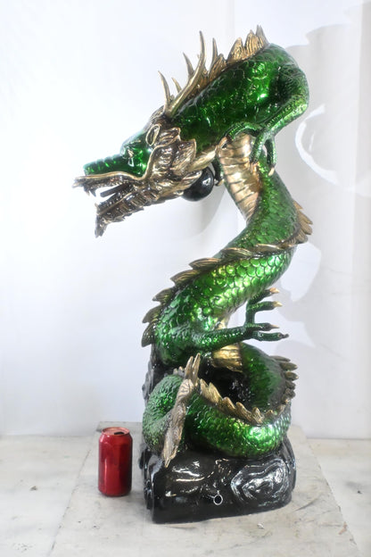 Green Bronze Dragon Fountain Statue with Pearl Sphere 30"x20"x38"H