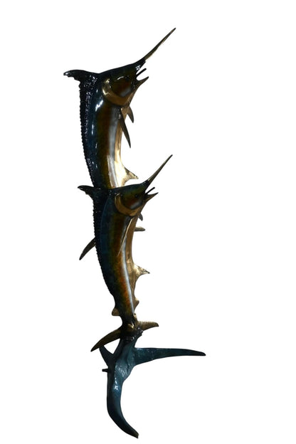 Double Marlin Bronze Garden Fountain Leaping Ocean Waves 42"x31"x74"H