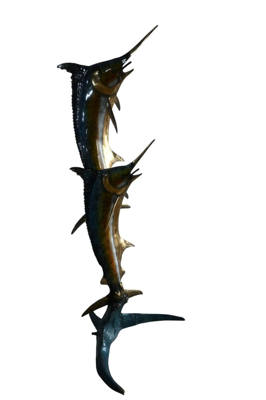 Double Marlin Bronze Garden Fountain Leaping Ocean Waves 42"x31"x74"H
