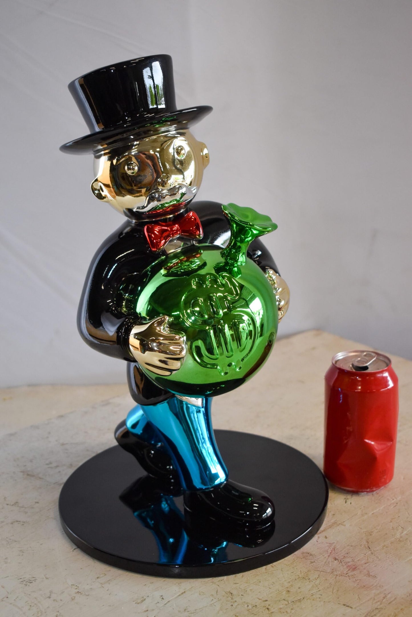 Walking Monopoly Man with Money Bag on Black Base Resin Statue 10" x 10" x 16"H