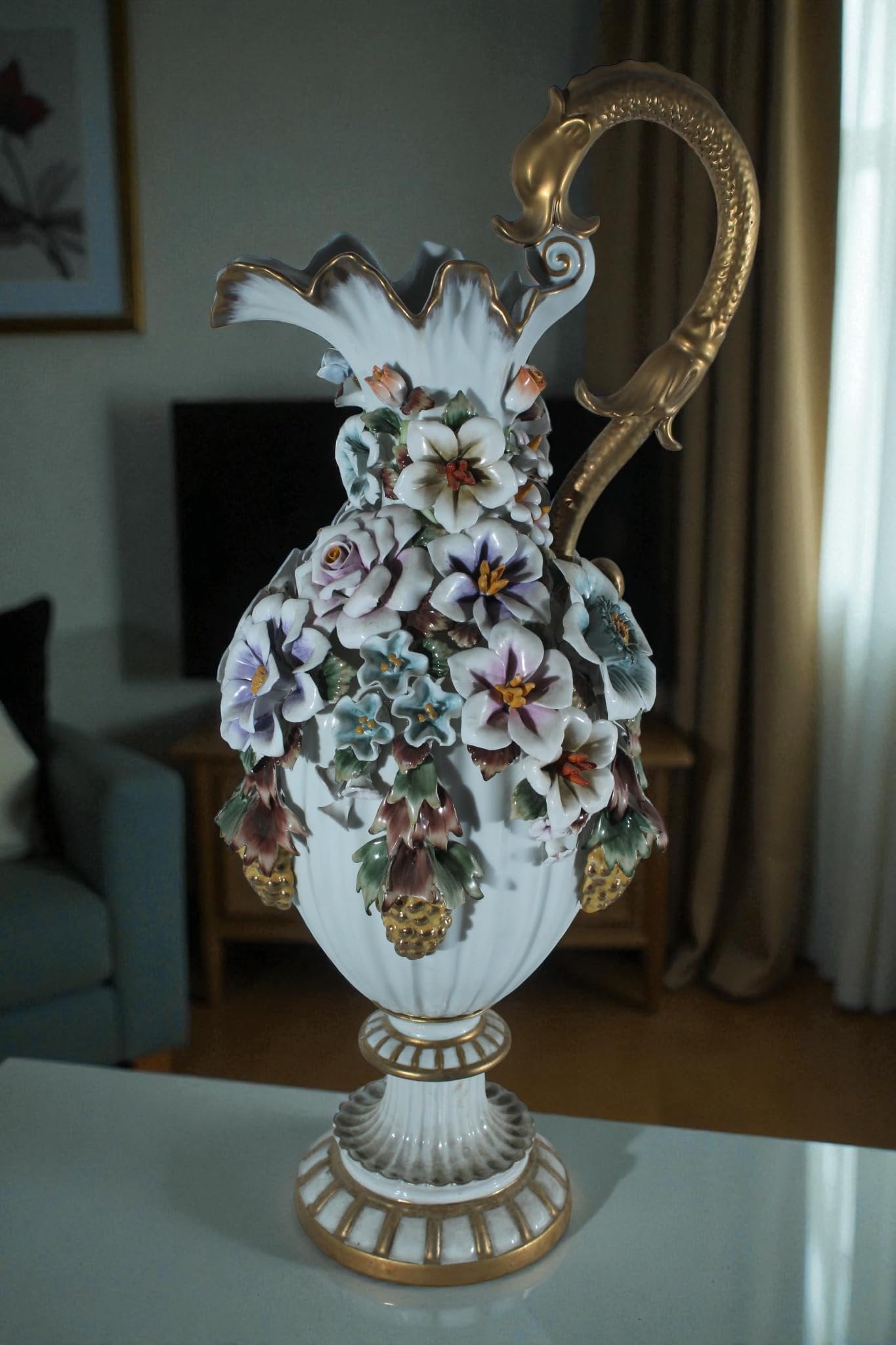 Porcelain Floral Ewer vase Ornate Handle 10"x7"x22"H