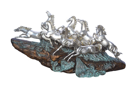 Eight Horses Running Bronze Statue Silver Finish -  Size: 59"L x 20"W x 28"H.