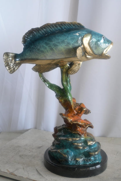Bronze Bass Fish Sculpture on Coral Reef and Marble Base 18"x10"x26"H