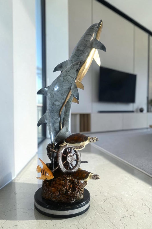 Bronze Three Dolphins Leaping Sculpture Lost Wax Casting 15"x12"x40"H