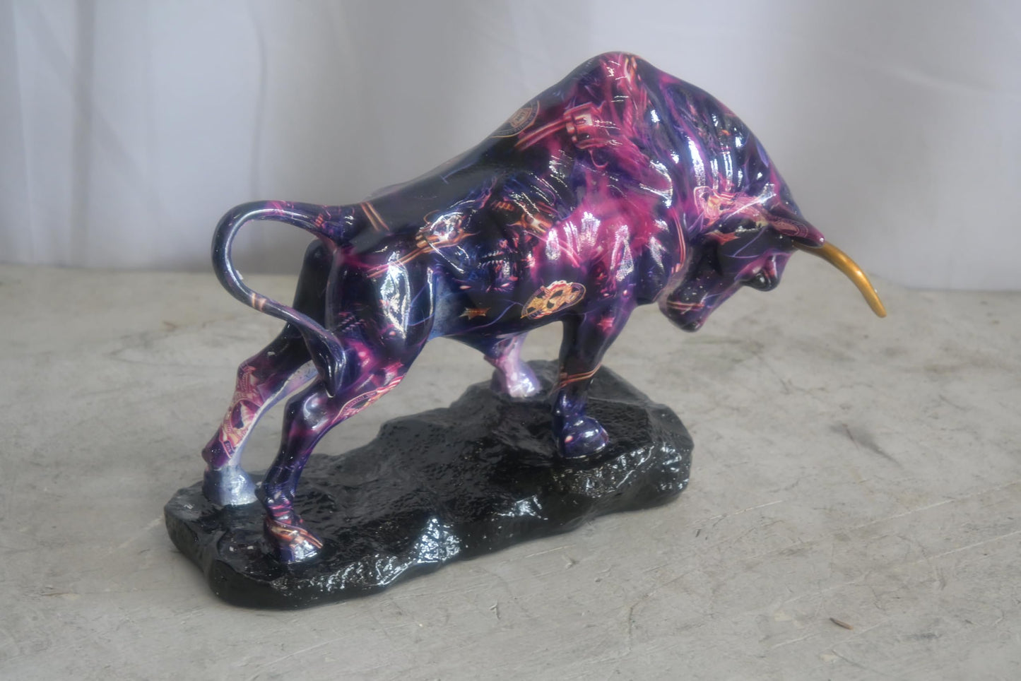 Resin Charging Bull Sculpture Purple Galaxy Finish Gold Horns 14"x4"x9"H