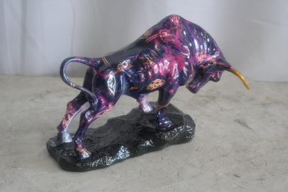 Resin Charging Bull Sculpture Purple Galaxy Finish Gold Horns 14"x4"x9"H