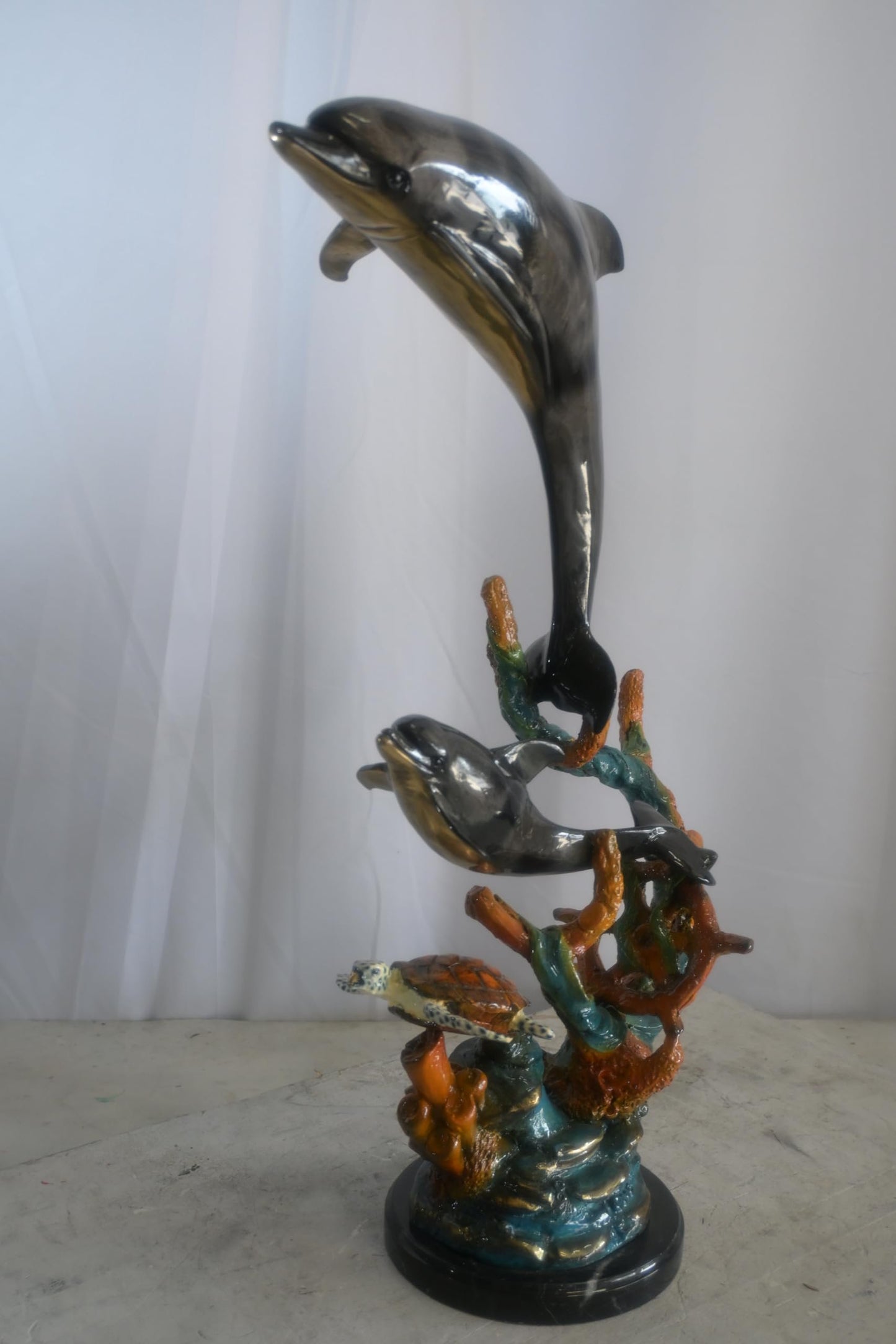 Bronze Dolphin Pair and Sea Turtle Coral Reef Sculpture 15"x9"x29"H