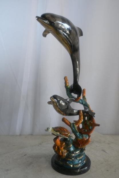 Bronze Dolphin Pair and Sea Turtle Coral Reef Sculpture 15"x9"x29"H