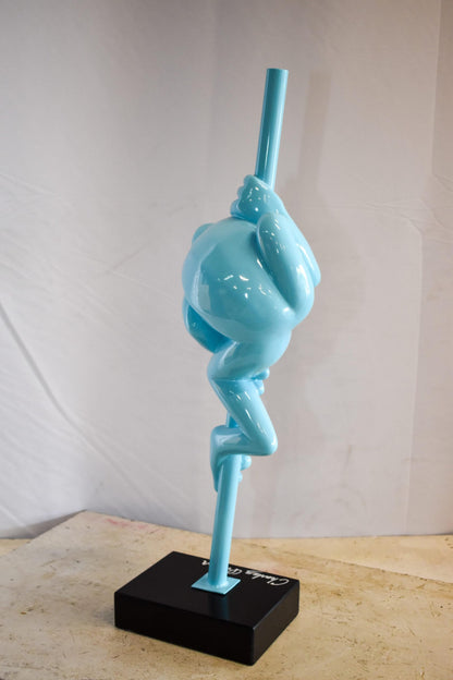 Modern Light Blue Lively Frog on Branch Resin Statue 10" x 8" x 28"H