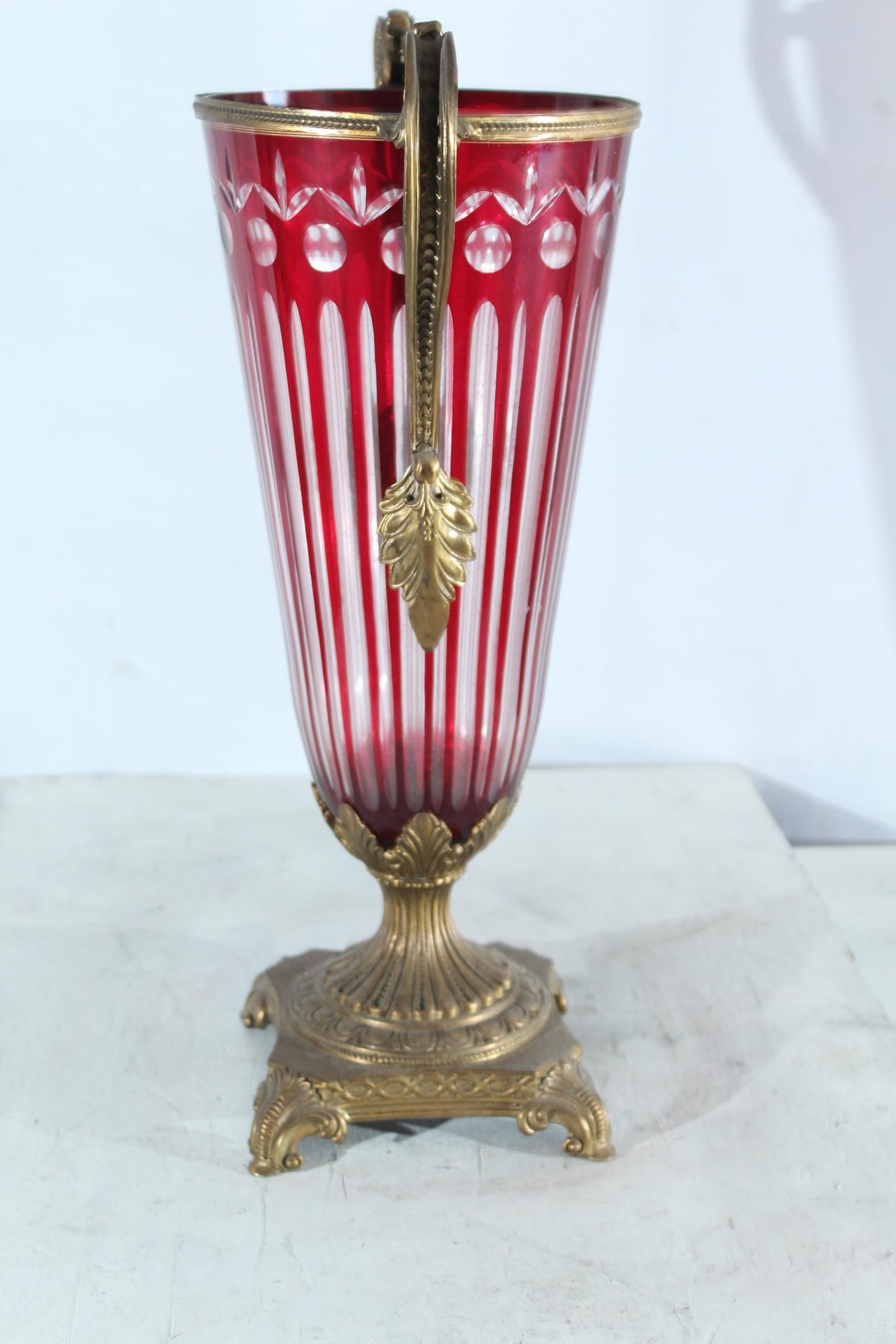 Glass vase with Metal Handles and Base red Vertical Style 13"x8"x21"H