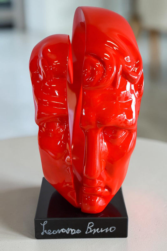 Creative Red MultiFace Statue on Base Signed by Leonardo Bruno 14" x 12" x 19"H