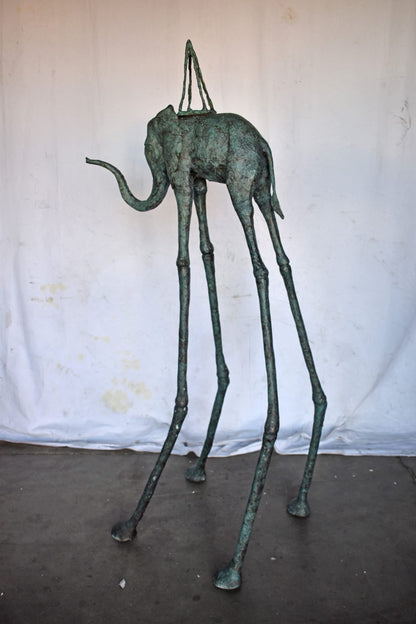 Modern Art Green Patina Tall Elephant Bronze Statue - Size: 26"L x 27"W x 67"H.