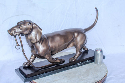Detailed Dachshund Dog Walking Bronze Statue Mounted on Marble 29" x 8" x 15"H