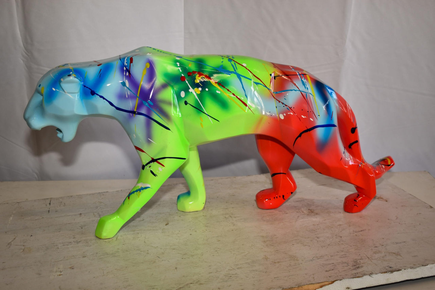 Roaming Graffiti and Splatter paint Jaguar Resin Statue 28" x 7" x 12"H