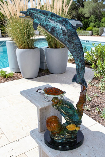 Nifao Bronze Dolphin with Sea Turtle & Coral Reef Sculpture – Handcrafted Lost Wax Cast, Patina & Polished Ocean Scene Statue –Coastal Marine Life Decor Accent for Home 8" x 13" x 25"H