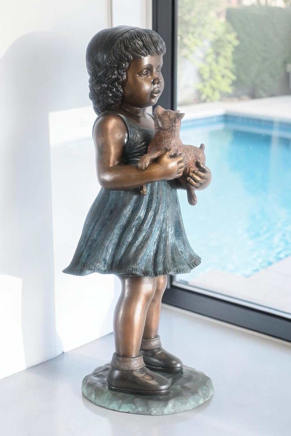 Bronze Girl Statue Holding a Puppy Dog Garden Home Decor 17"x16"x36"H
