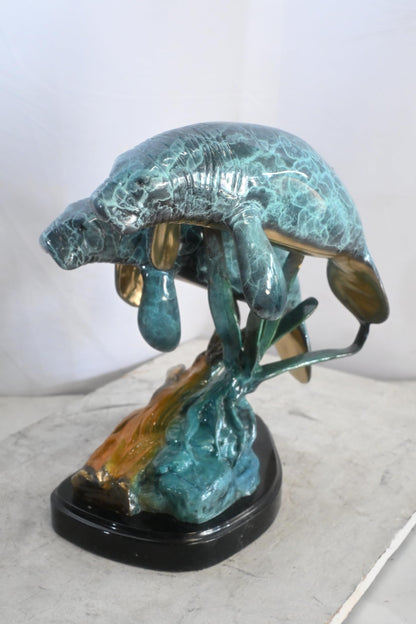 Two Manatees Bronze Sculpture Marble Base Ocean Life 15"x11"x12"H
