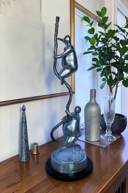Two Voluptuous Women Climbing a Rope Statue, Silver Finish 10" x 10" x 29"H