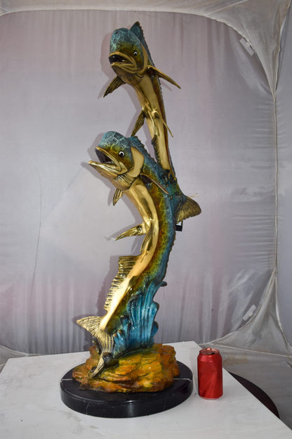 Impressive Pair of Dorado Mahi Mahi Fish Bronze Statue Size: 20" x 18" x 42"H