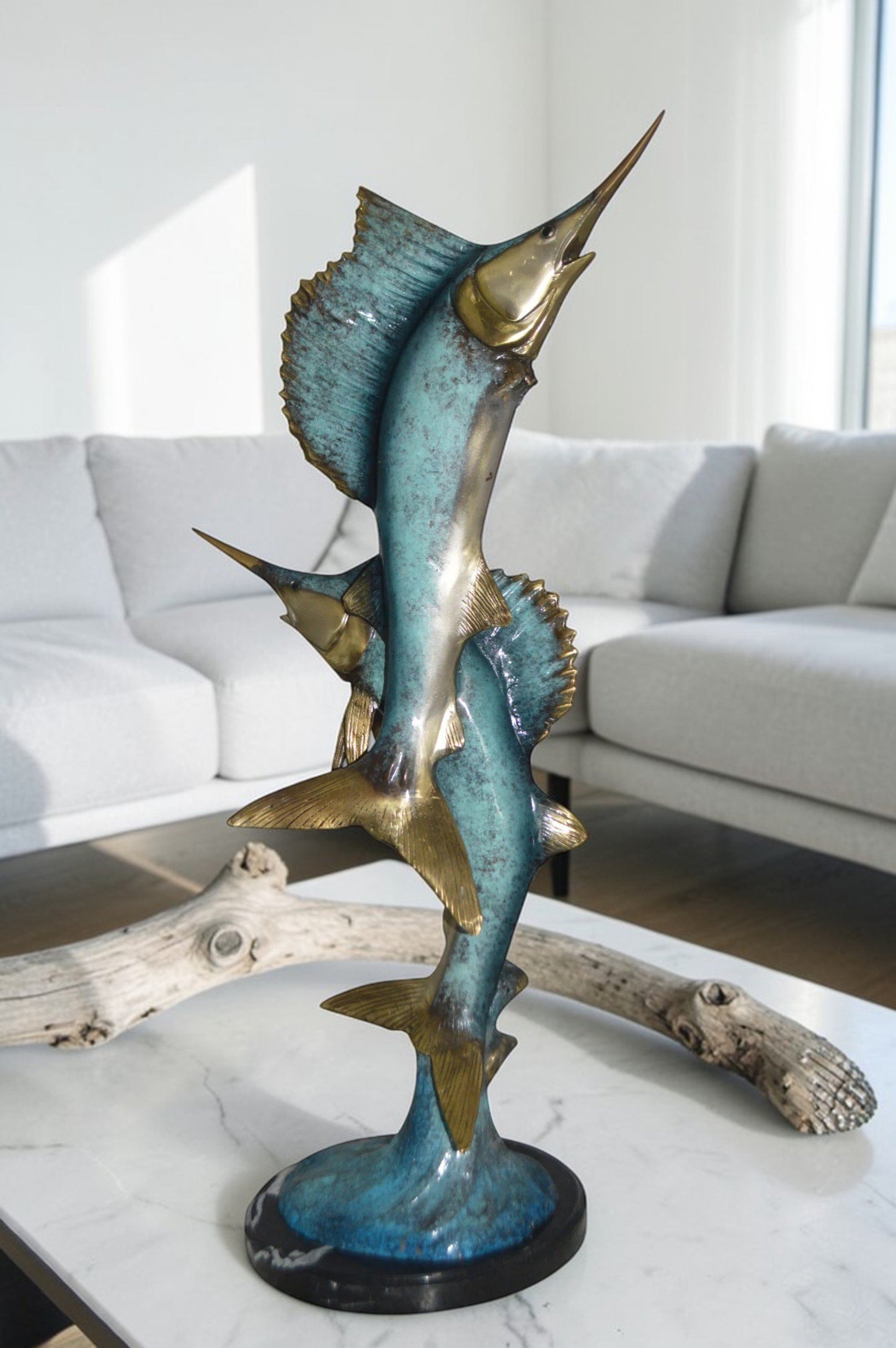 Two Sailfish jumping of water bronze statue -  Size: 13"L x 6"W x 28"H.
