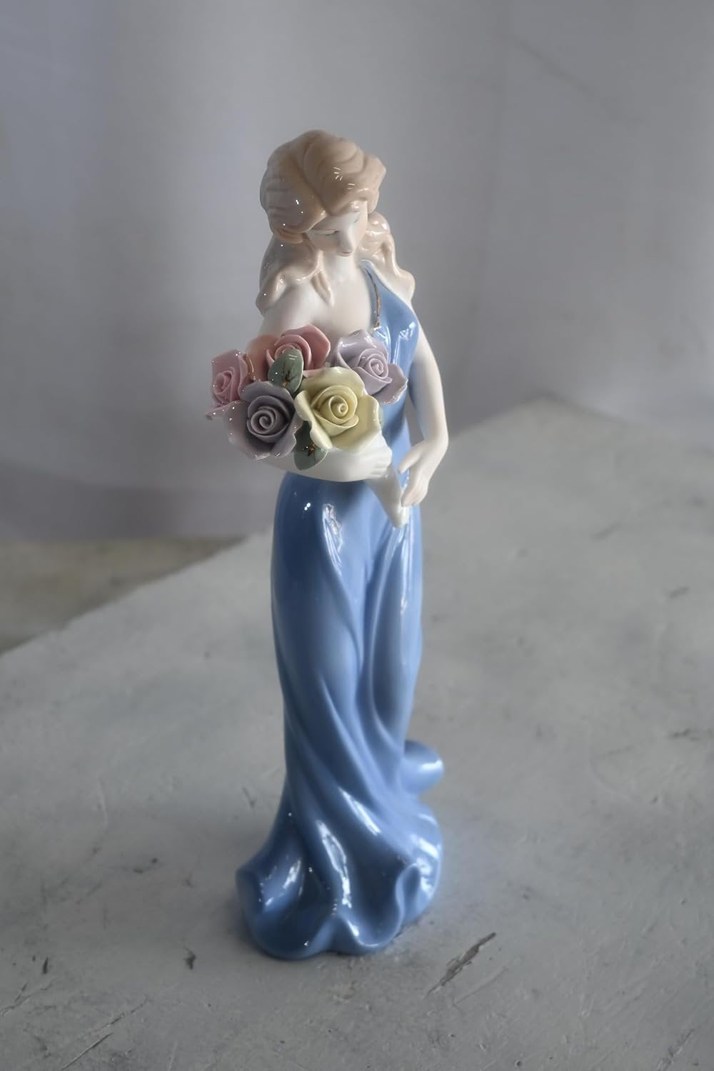 Porcelain Lady Blue Sleeveless Gown Holding Rose Bouquet 4"x3"x11"H