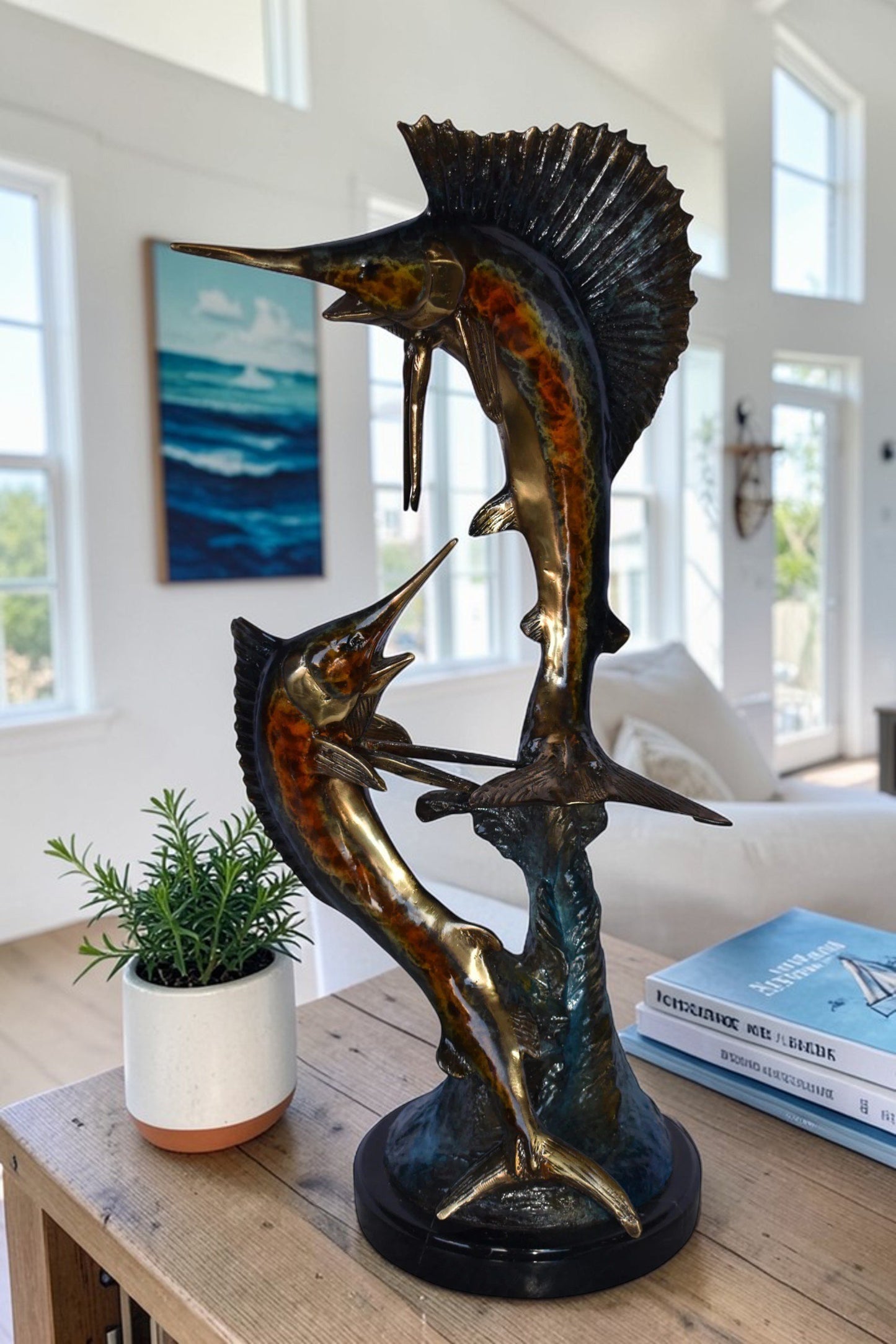 Two Swordfish Swimming in The Ocean Bronze Statue - Size: 11"L x 10"W x 22"H.