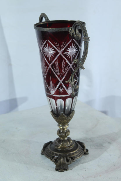 Ruby Red Cut Glass Trophy Vase with Metal Handles and Ornate Base 10"x6"x16"H