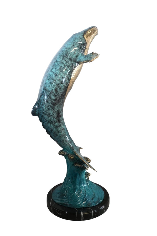 Bronze Humpback Whale Breaching Sculpture Ocean Wave 40"x24"x16"H